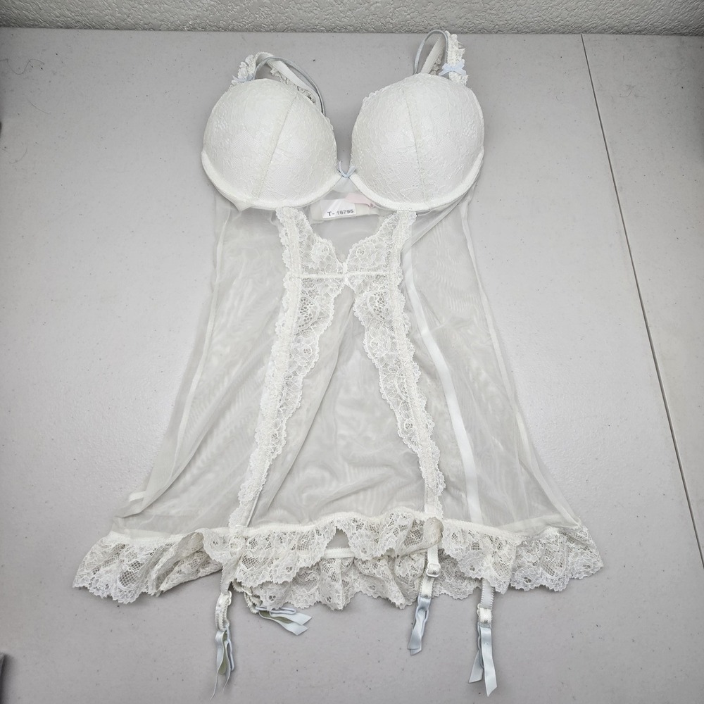 Victoria's Secret Women Bra 36C White Floral Babydoll Slip Lace